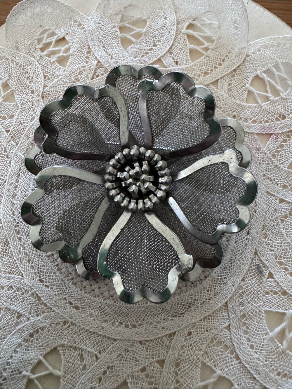 Vintage B.E.D. Large Silver Metal Mesh Screen Flower 3D Brooch